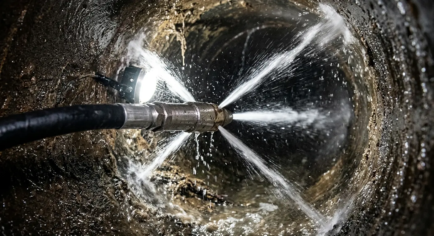 High-pressure hydro jetting nozzle cleaning sewer pipe for Sewer Cleanout in Atkinson