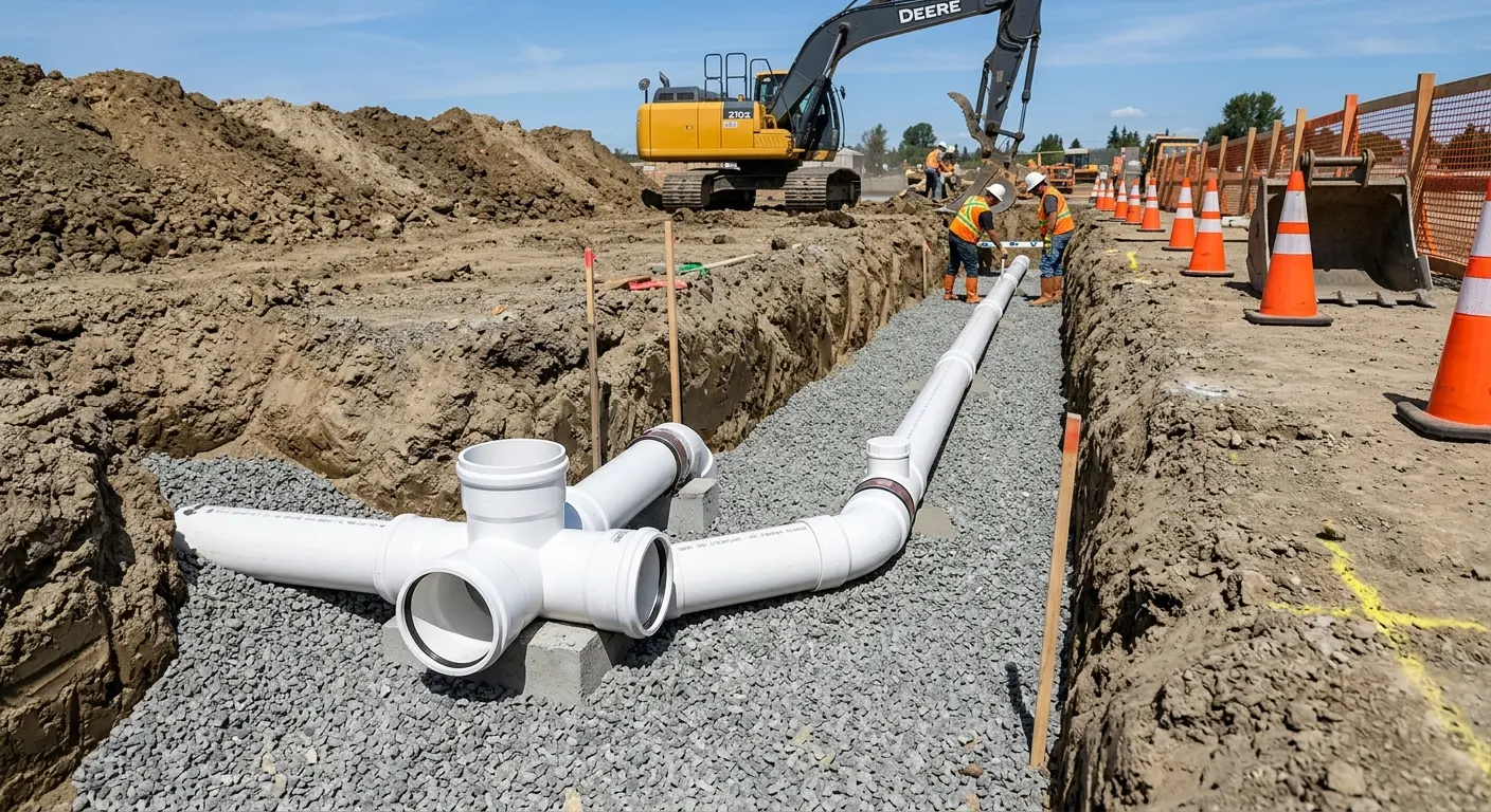 New PVC sewer pipe installation in open trench for Commercial Drain Cleaning in Atkinson