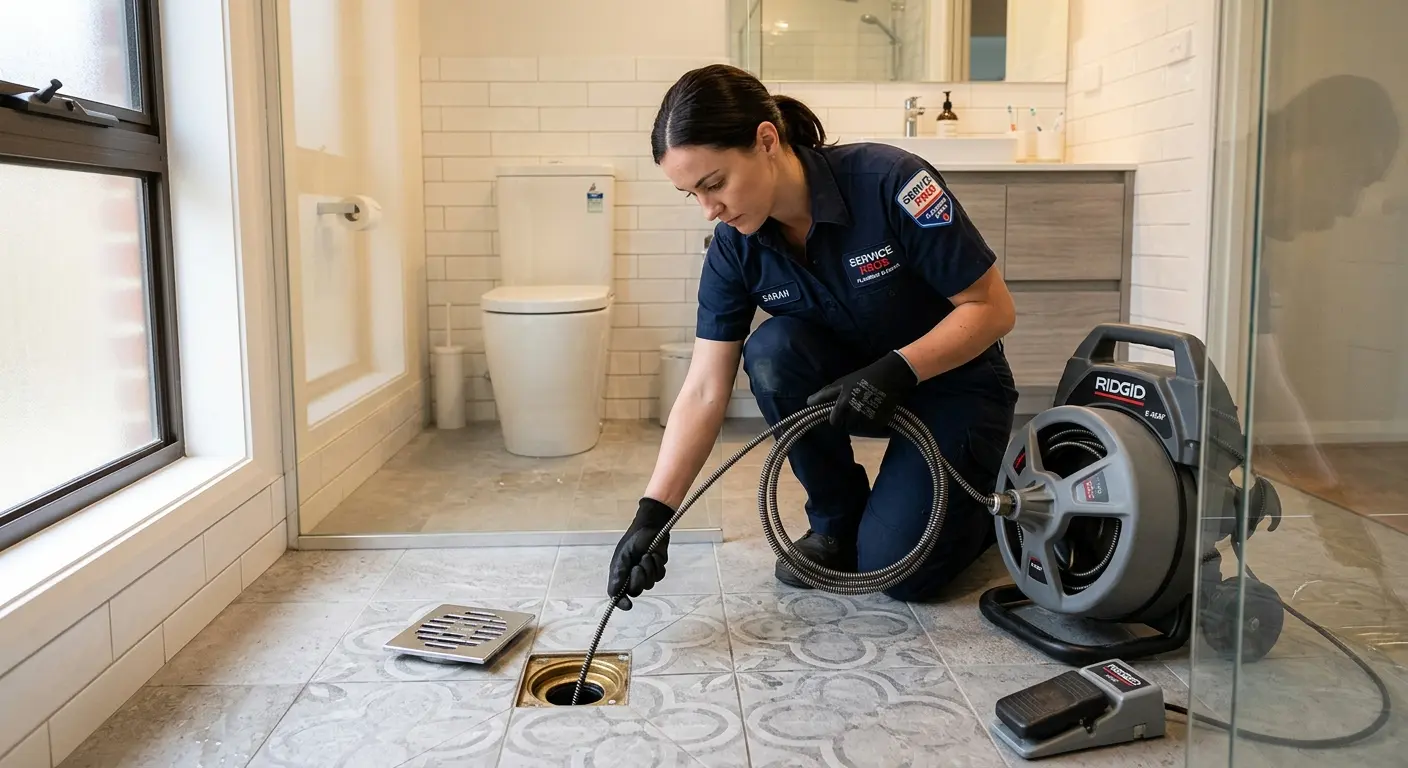 Technician clearing a bathroom floor drain for Hydro Jetting in Atkinson